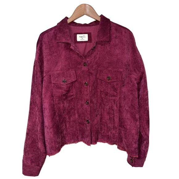 Rue 21 X-Large Fray Raw Corduroy Crop Jacket Shacket Top Wine Oversized XL NEW - Picture 1 of 10